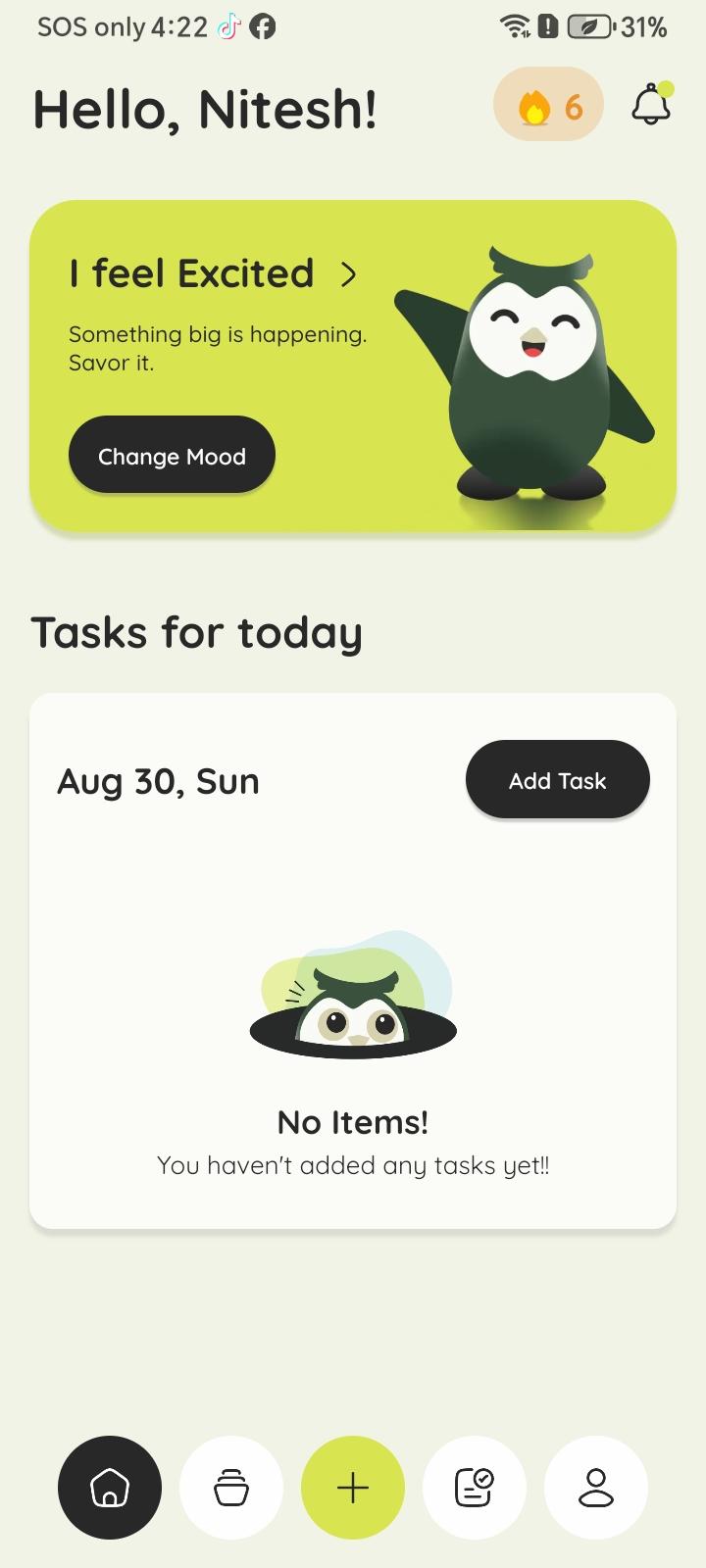 Zournaly home screen with a mood card and the day's tasks