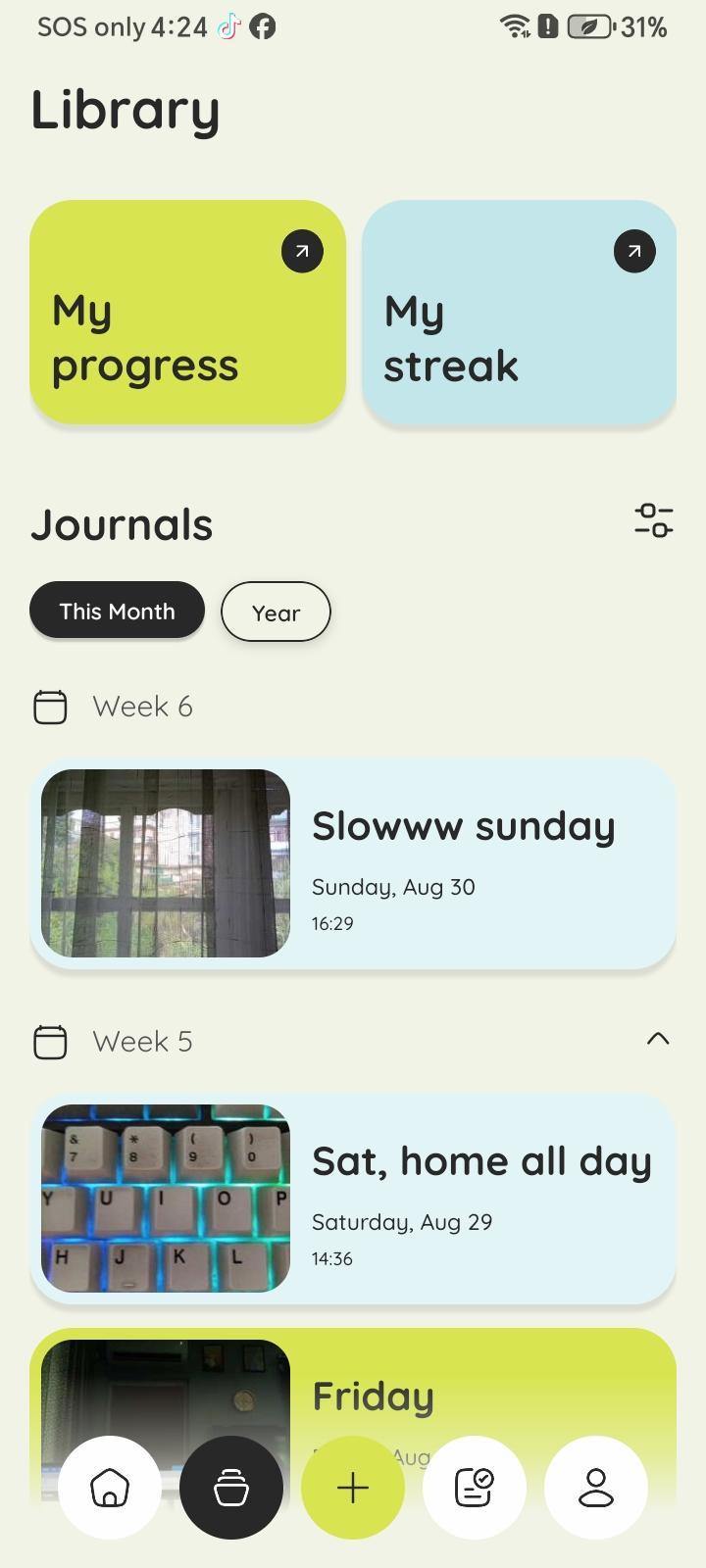 Zournaly library of journal entries grouped by week