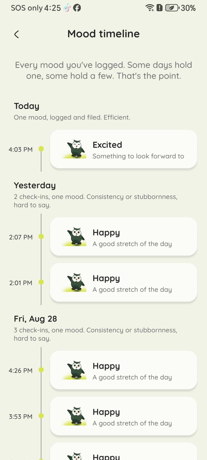 Zournaly mood timeline listing every check-in by day and time