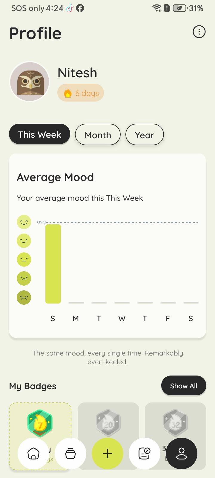 Zournaly profile screen with an average-mood chart and earned badges