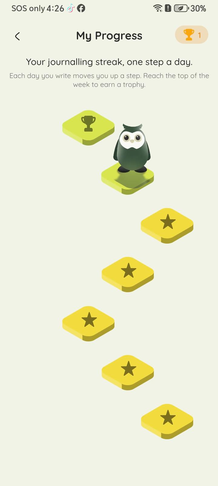 Zournaly's progress screen: an isometric climb of tiles with the owl mascot near the top