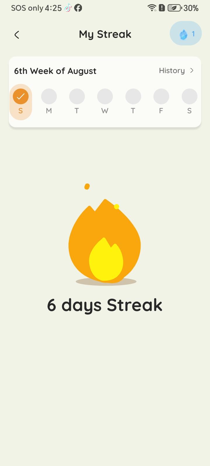 Zournaly streak screen showing a six-day streak