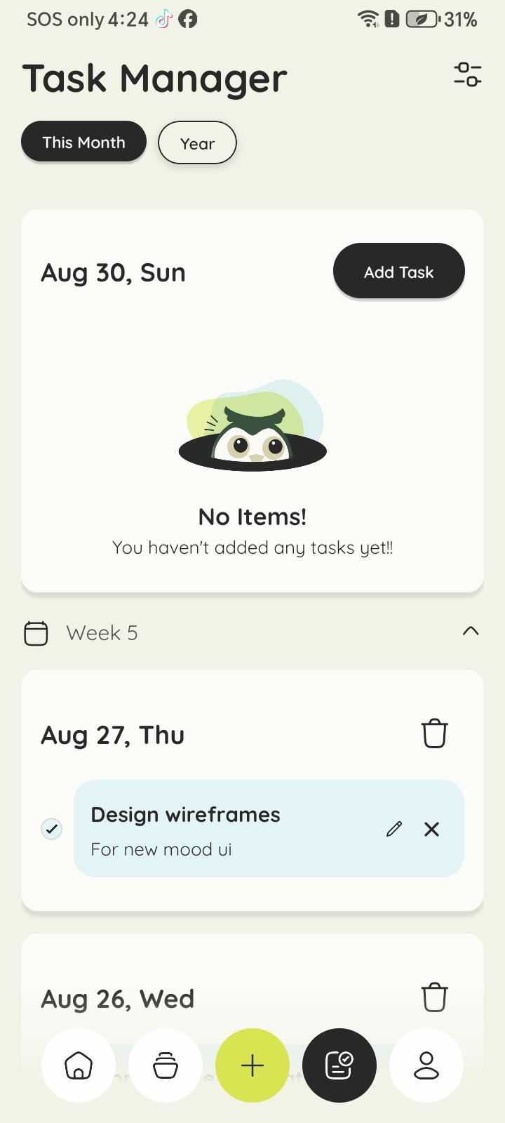 Zournaly task manager, with tasks grouped under the dates they came from