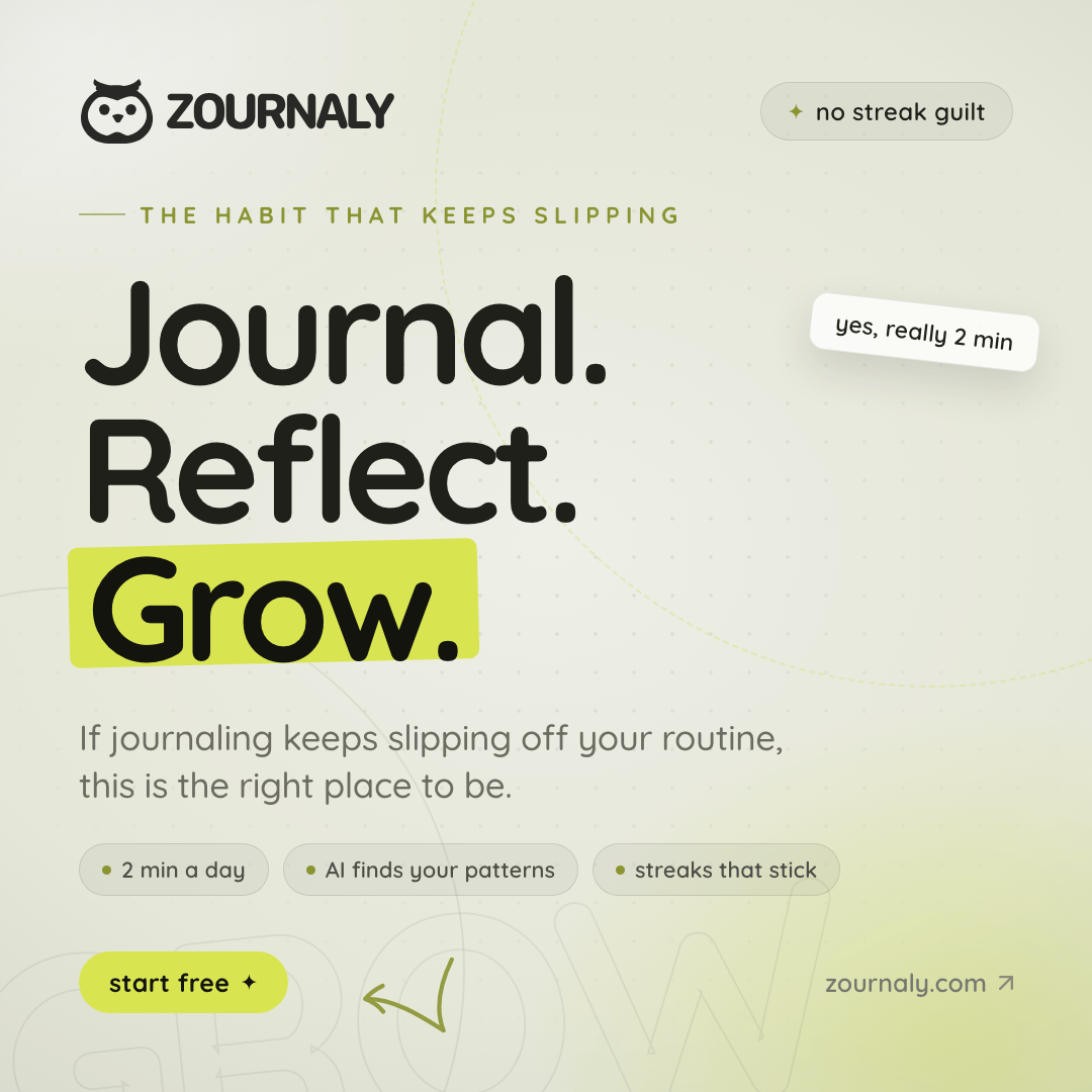 Zournaly campaign poster reading 'Journal. Reflect. Grow.'