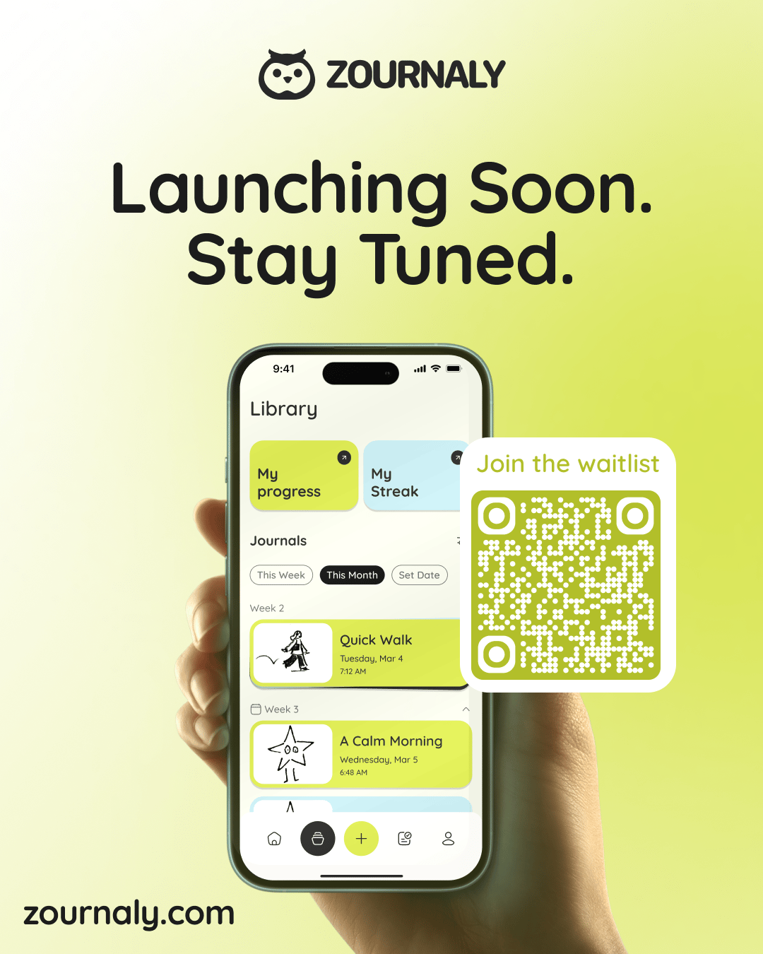 Zournaly waitlist post with a phone and a QR code