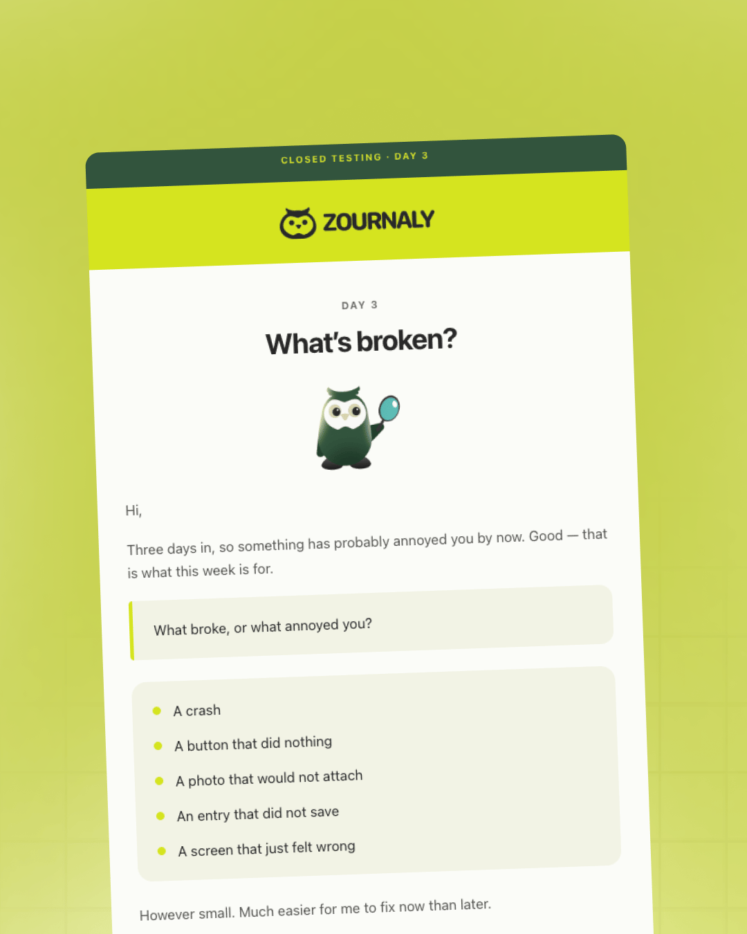 Closed testing email asking day three testers what broke
