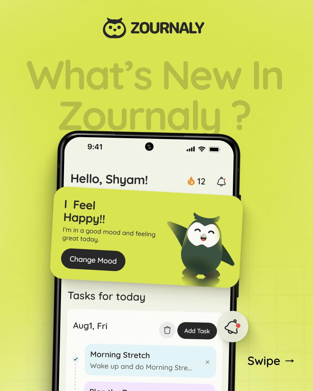 Carousel cover asking what is new in Zournaly, over the mood card on the home screen