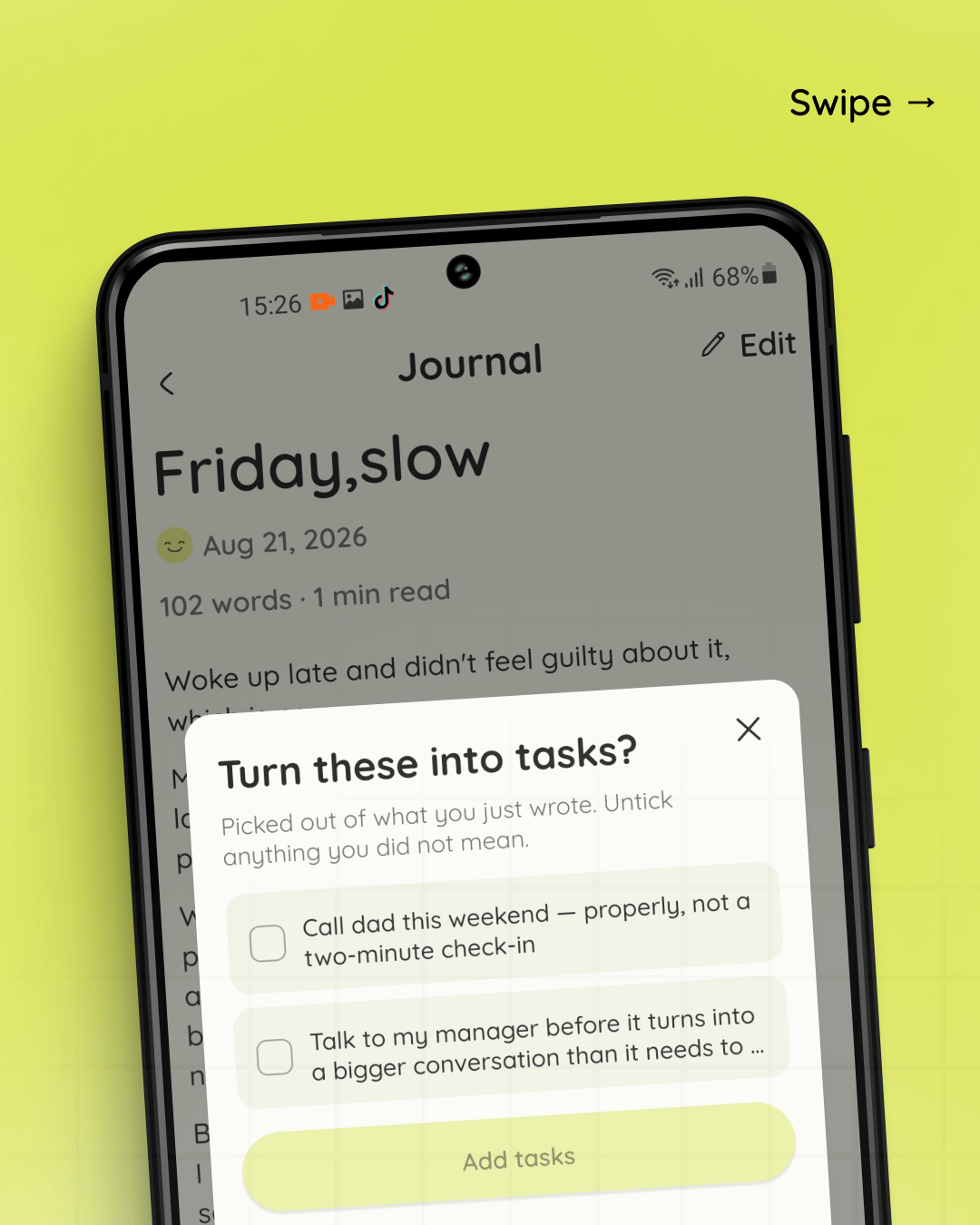 Carousel slide showing the sheet that asks whether to turn an entry into tasks