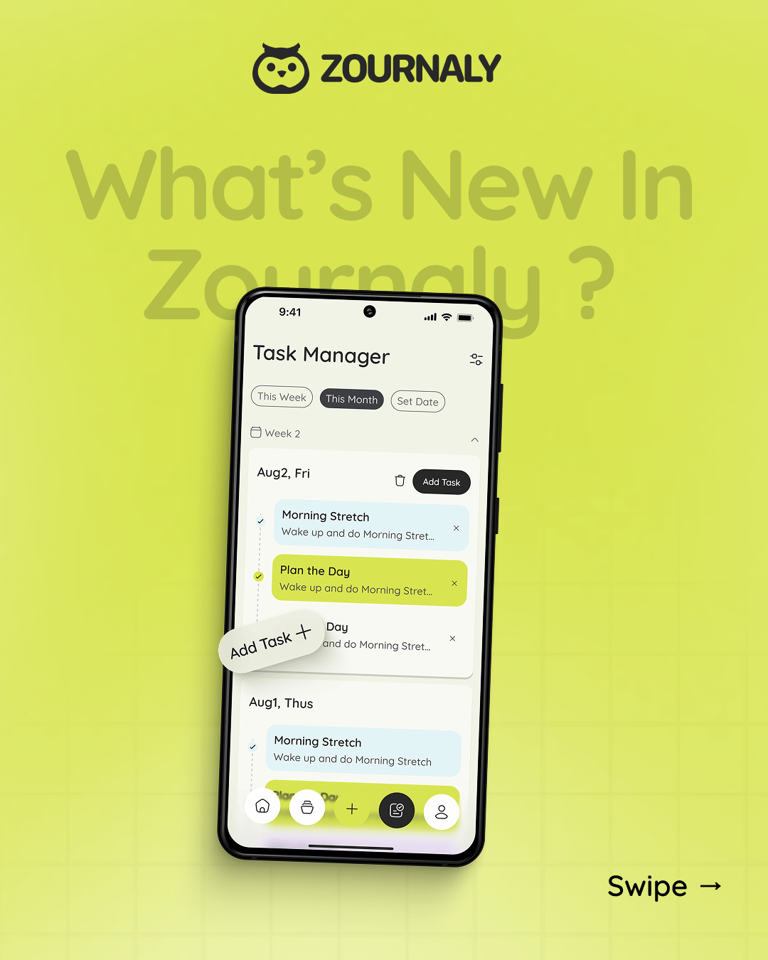Carousel cover asking what is new in Zournaly, over the task manager screen
